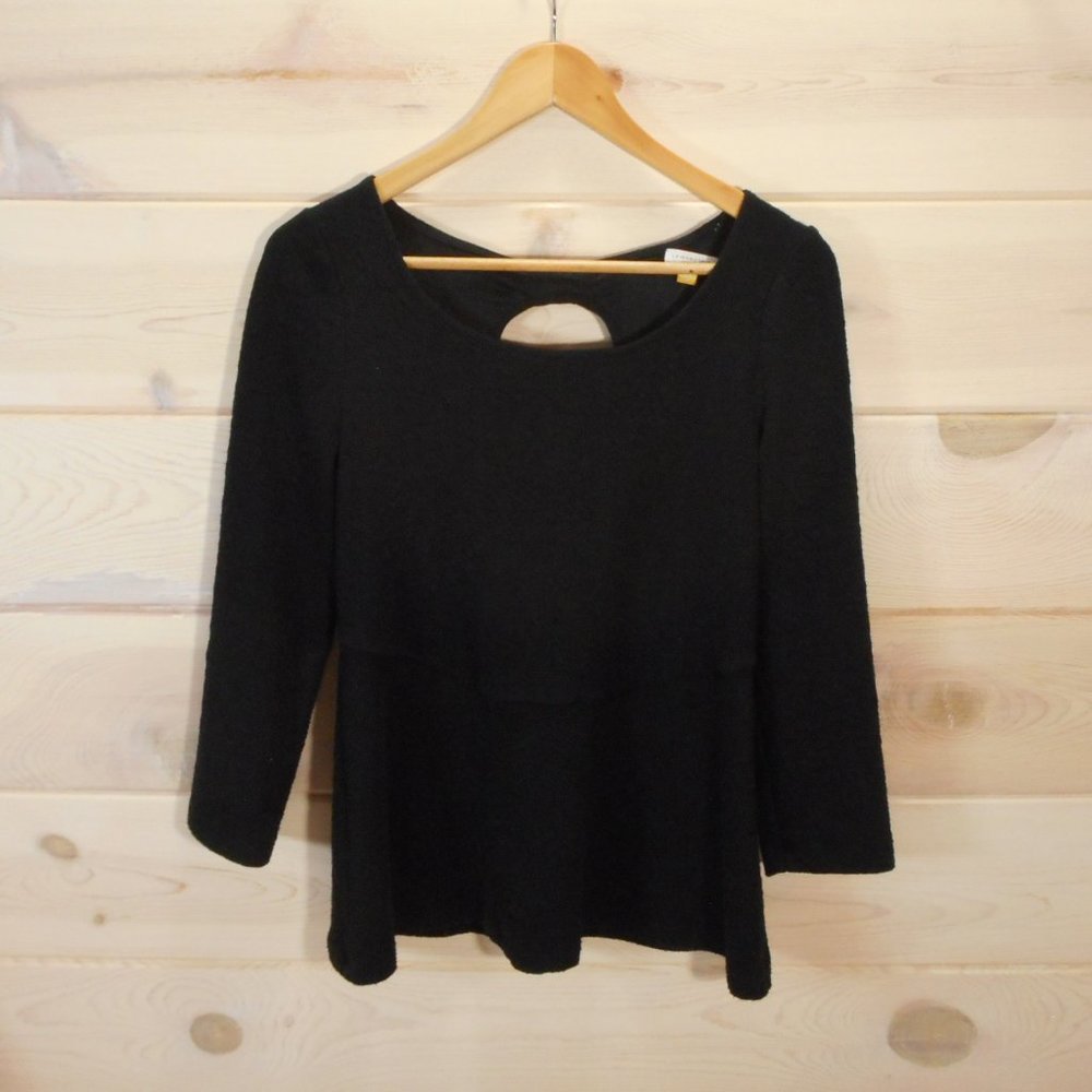 Leifsdottir Women's M Peplum Top Black 3/4 Sleeve Scoop Neck Cutout Back Bow